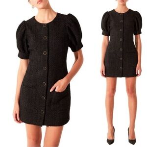Endless Rose Black Textured Puff Sleeve Button Front Mini Dress